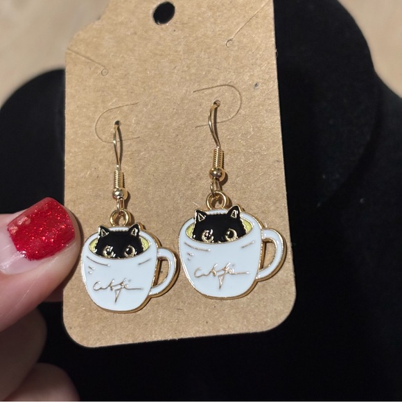Void Black Cat In Coffee Cup Dangle Earrings, Kitty in Coffee Dangle Earrings - Picture 6 of 10